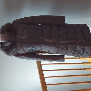 Kenneth Cole gray puffer coat faux fur hood women XL like new